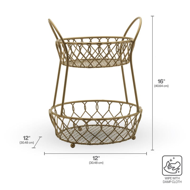 Front view of affordable wrought iron countertop basket styled with fruits and mugs