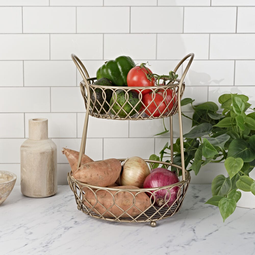 Lifestyle shot of best 2 tier storage basket for counter clutter on a marble kitchen island