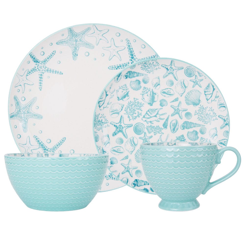 A family enjoying a meal with the microwave safe coastal dinnerware set.