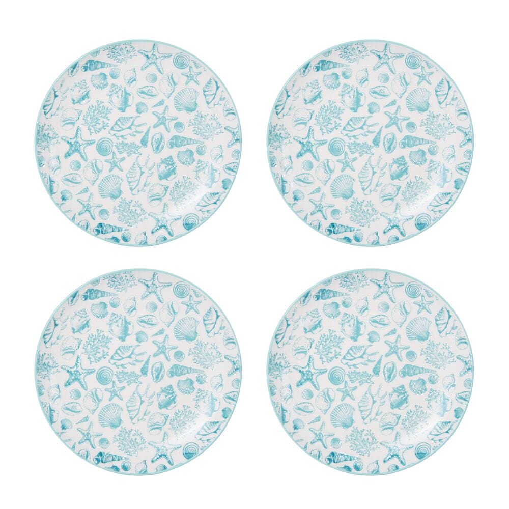 Close-up of the vibrant teal coastal dinnerware set with starfish patterns.