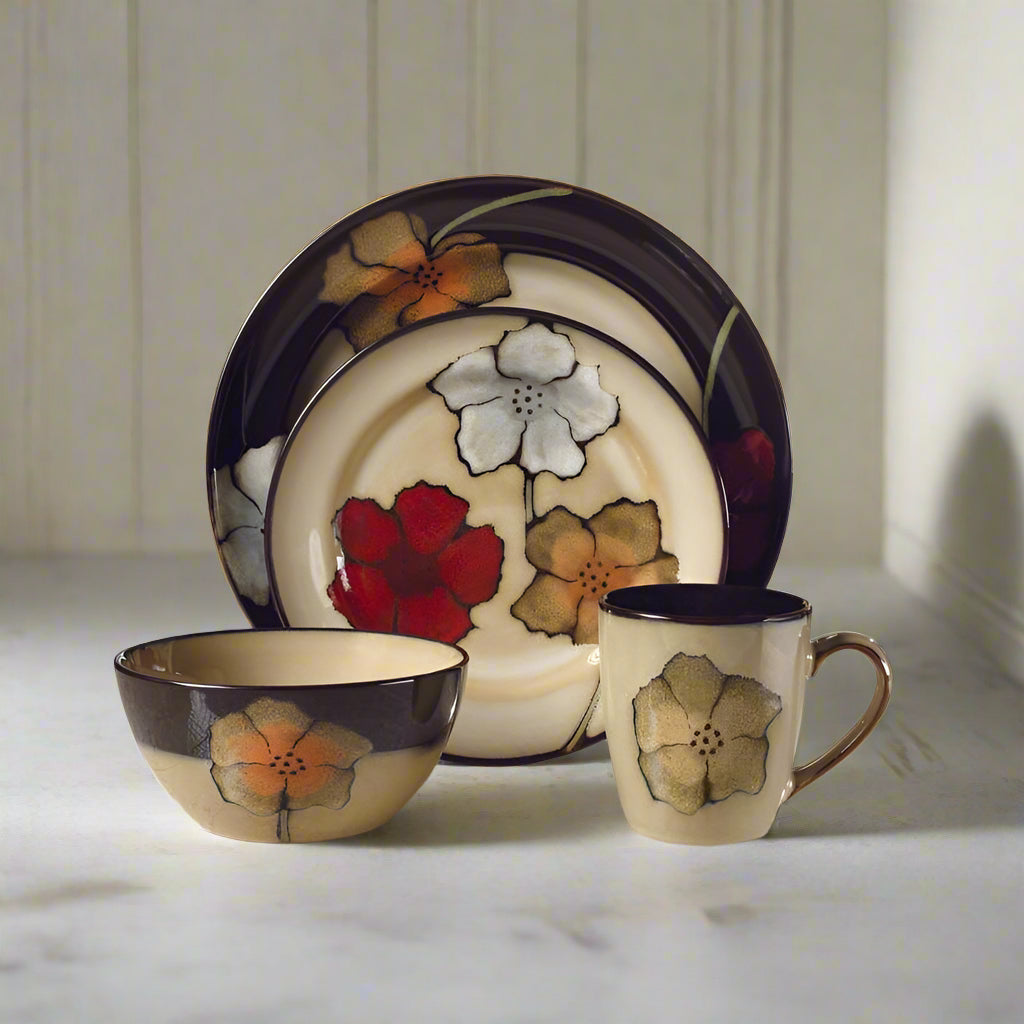 Close-up of reactive glaze dinnerware set with floral design