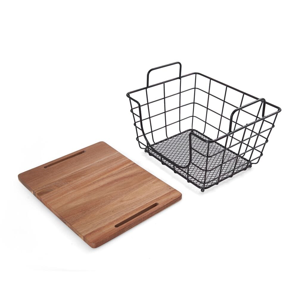 Elegant stacking nesting basket showcasing its antique black finish and acacia lid from a top angle.