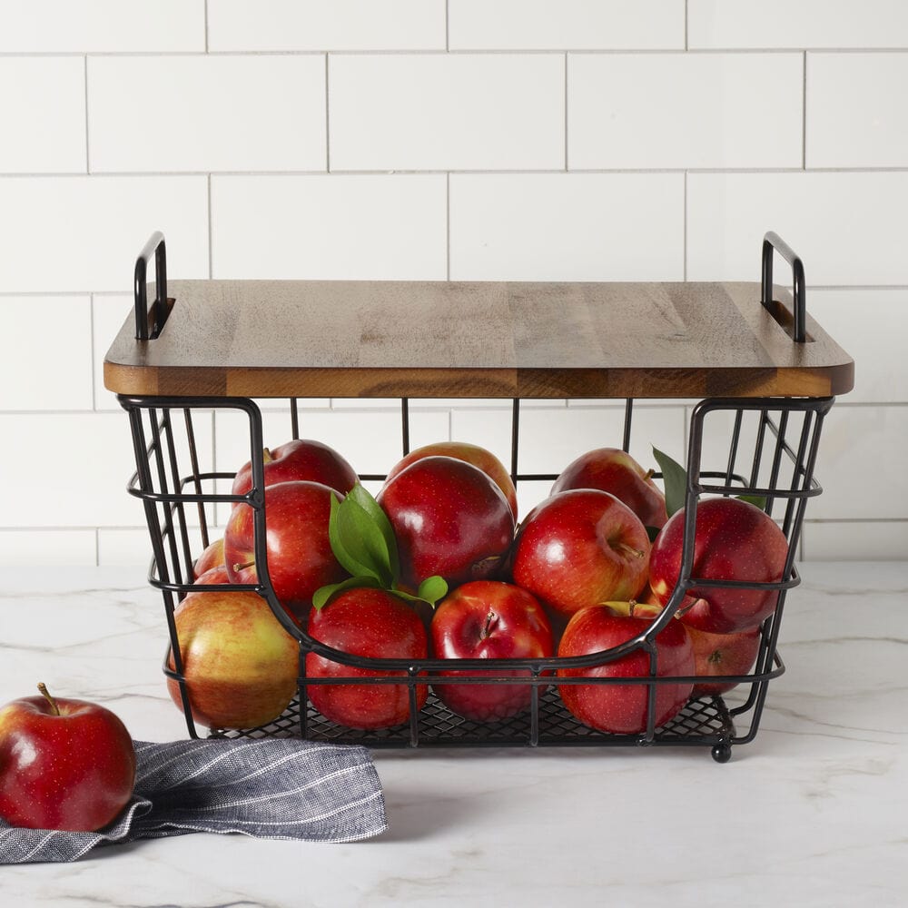 Elegant stacking nesting basket showcasing its antique black finish and acacia lid from a top angle.