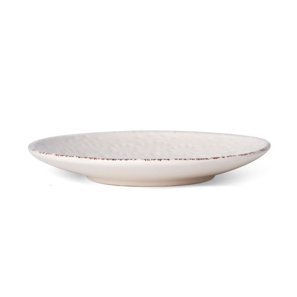 Overhead view of cream stoneware appetizer plates with lace texture, ideal for stylish serving