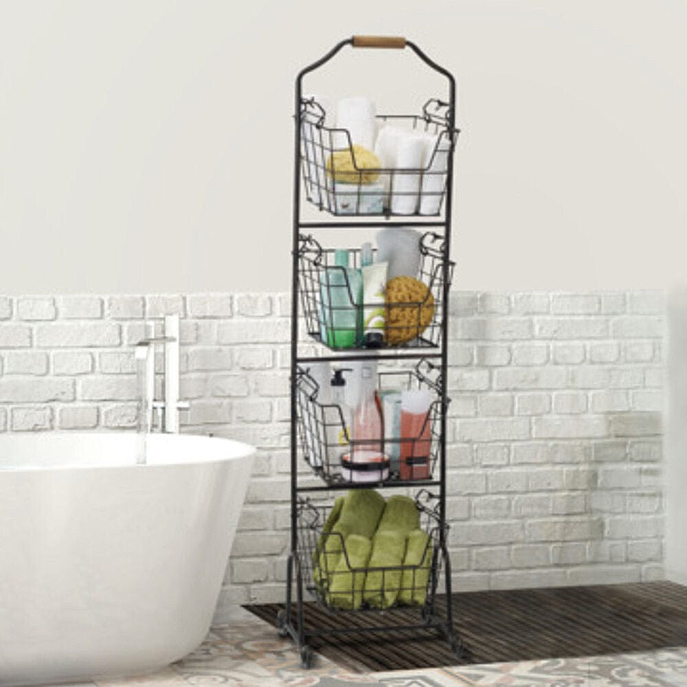 Front view of multi-tier storage rack with 4 baskets displayed in kitchen setting