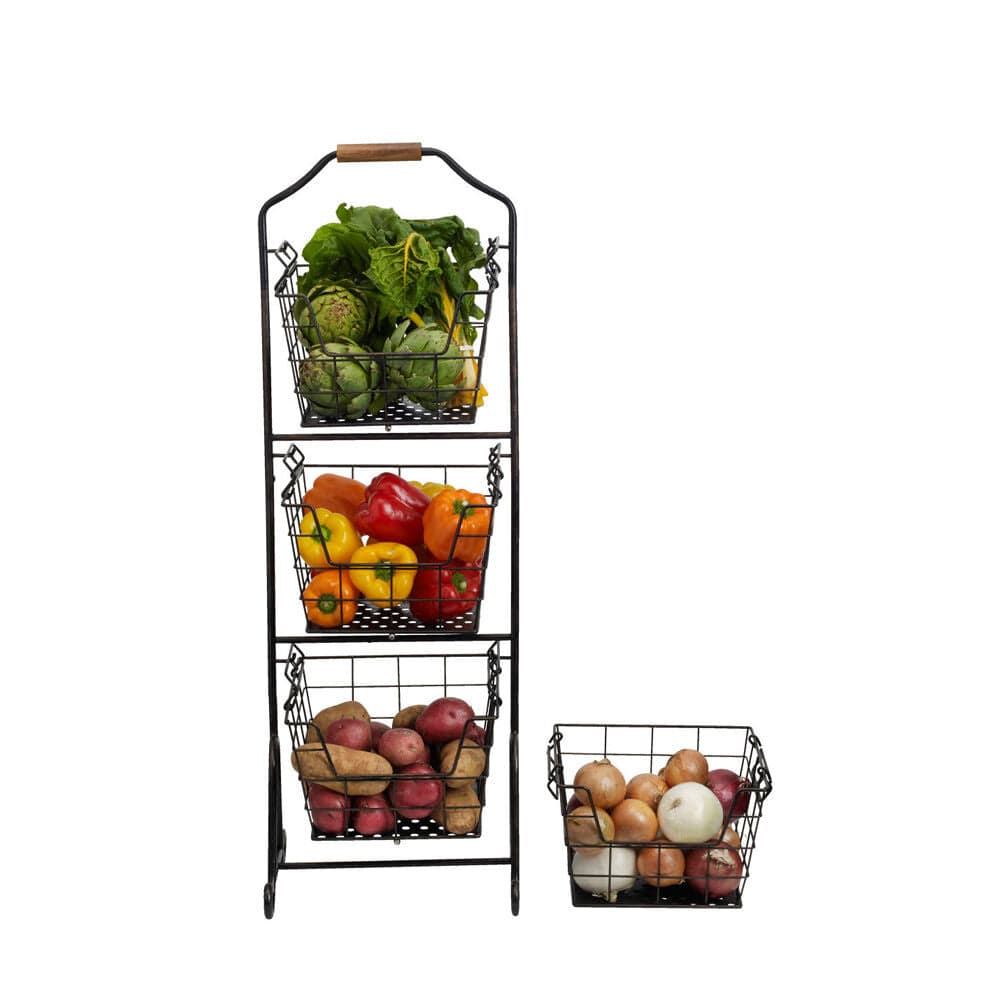 Side profile showing adjustable tiers on storage shelf filled with home essentials