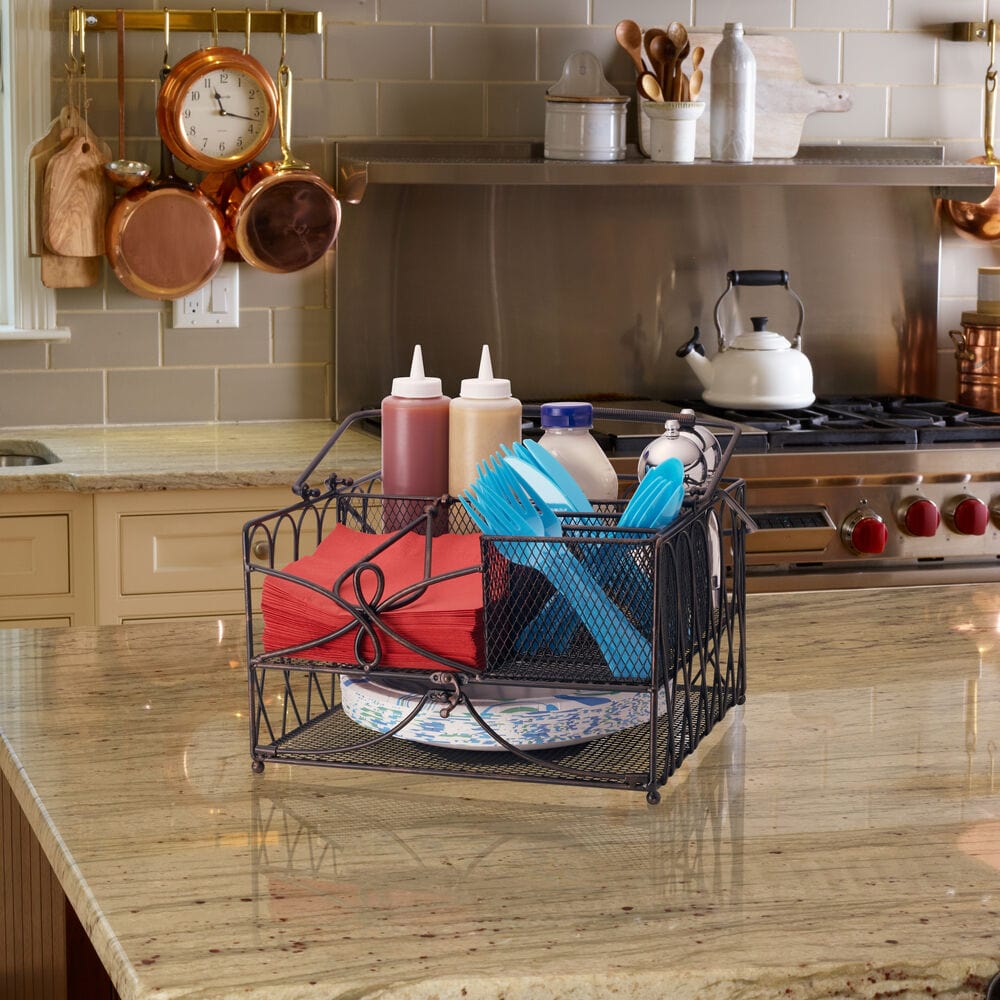 Stylish Wrought Iron Loop Picnic Caddy with compartments, ideal for organizing buffet supplies during parties