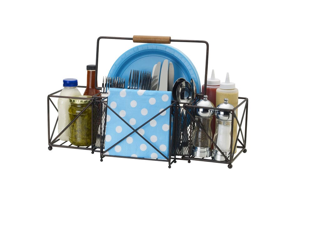 Close-up view of the durable picnic buffet caddy for parties, highlighting its wrought iron craftsmanship.
