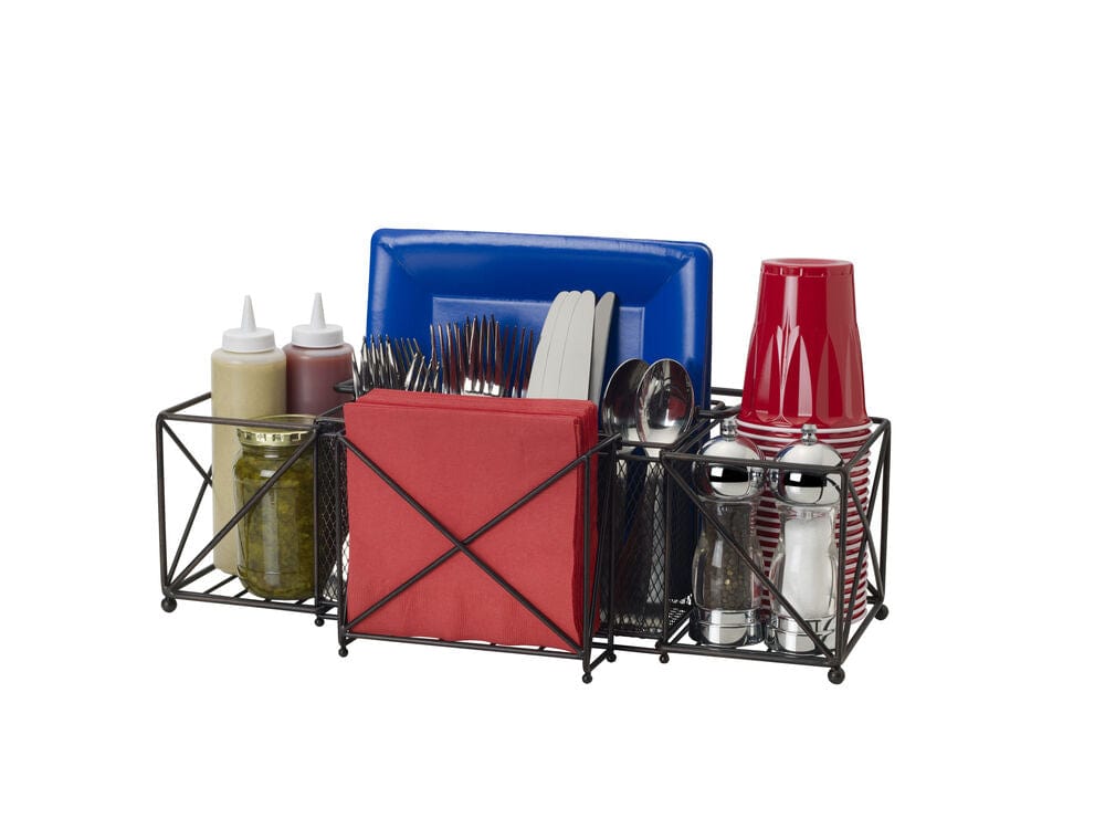 Elegant Outdoor Buffet Caddy showcasing its four sections for organization at a picnic.