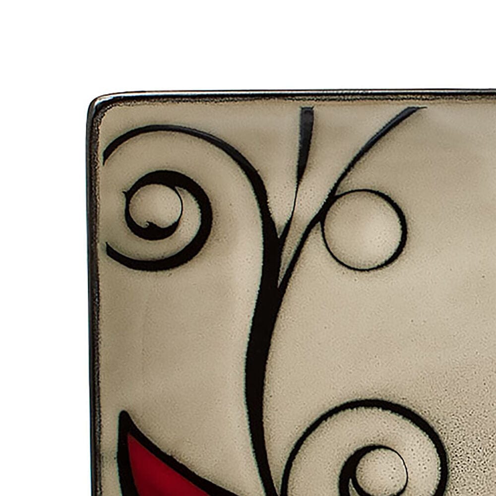 Close-up of the reactive glaze on Belmont square salad plates, highlighting their artistic design.