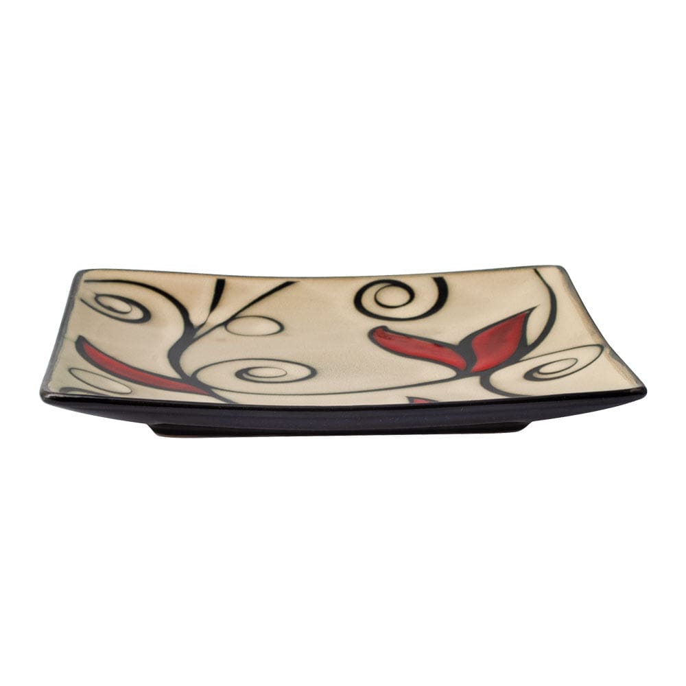 Top view of Belmont Artisan red square salad plates set, showcasing unique color variations.