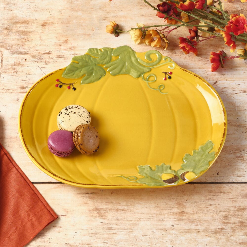 Dishwasher-safe pumpkin platter in a cozy fall table setting