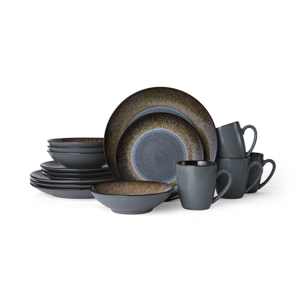 Table setting with Monroe Gray 16 piece dinnerware set arranged for a dinner party.