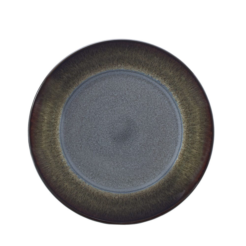 Close-up of Monroe Gray dinnerware set showcasing the unique reactive glaze and speckled design.