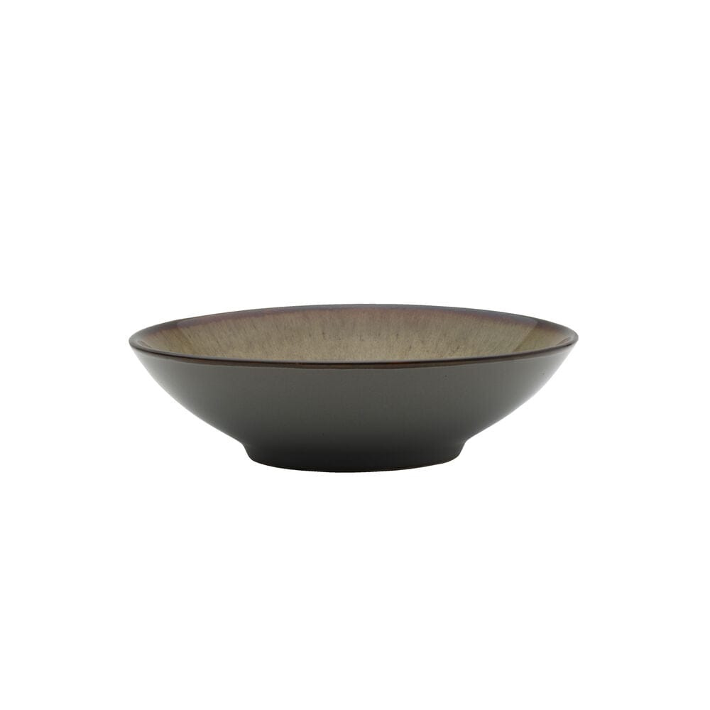 Overview of Monroe Gray handcrafted 16 piece dinnerware set displaying its earthy tones and textures.