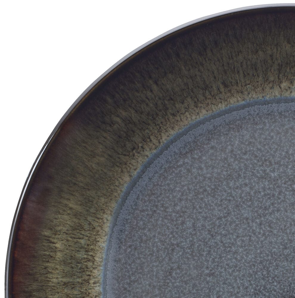 Overview of Monroe Gray handcrafted 16 piece dinnerware set displaying its earthy tones and textures.