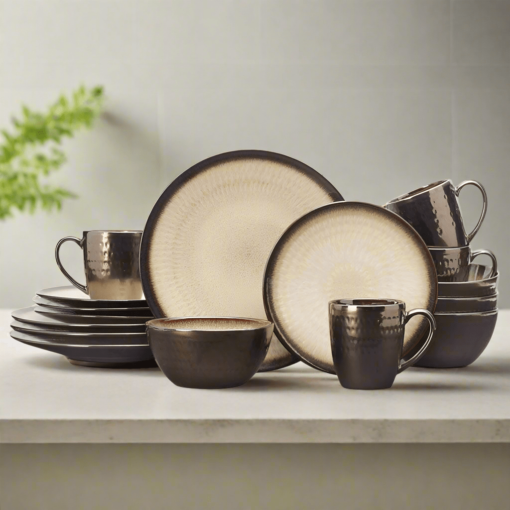 Close-up of the embossed pattern on Anastasia Cream stoneware dinner plate
