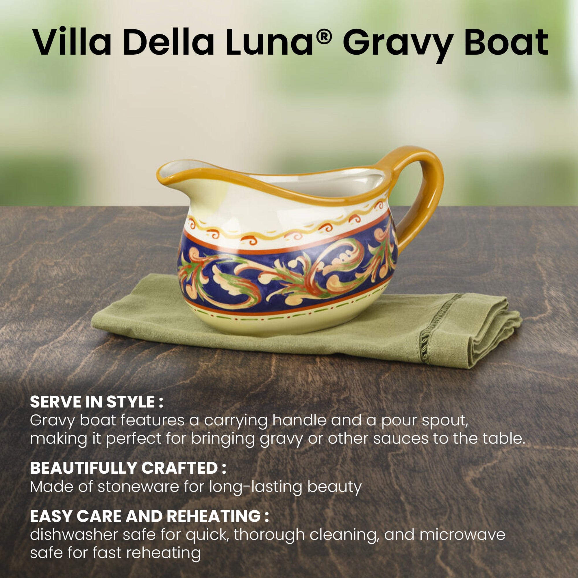 Luna stoneware gravy boat showcasing its large spout and elegant design for family gatherings.