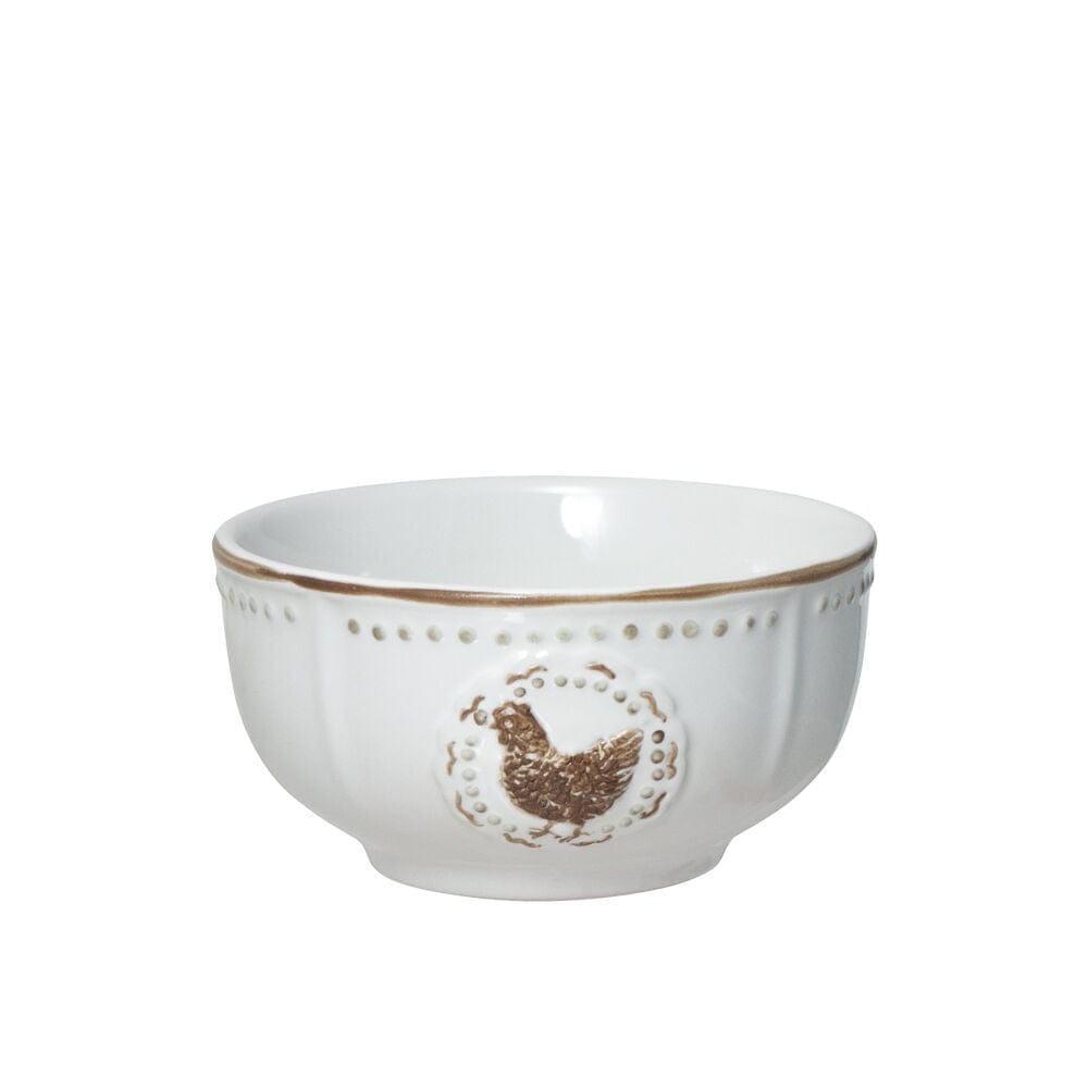 Close-up of the embossed hen detailing on stoneware bowls from the 4-piece set