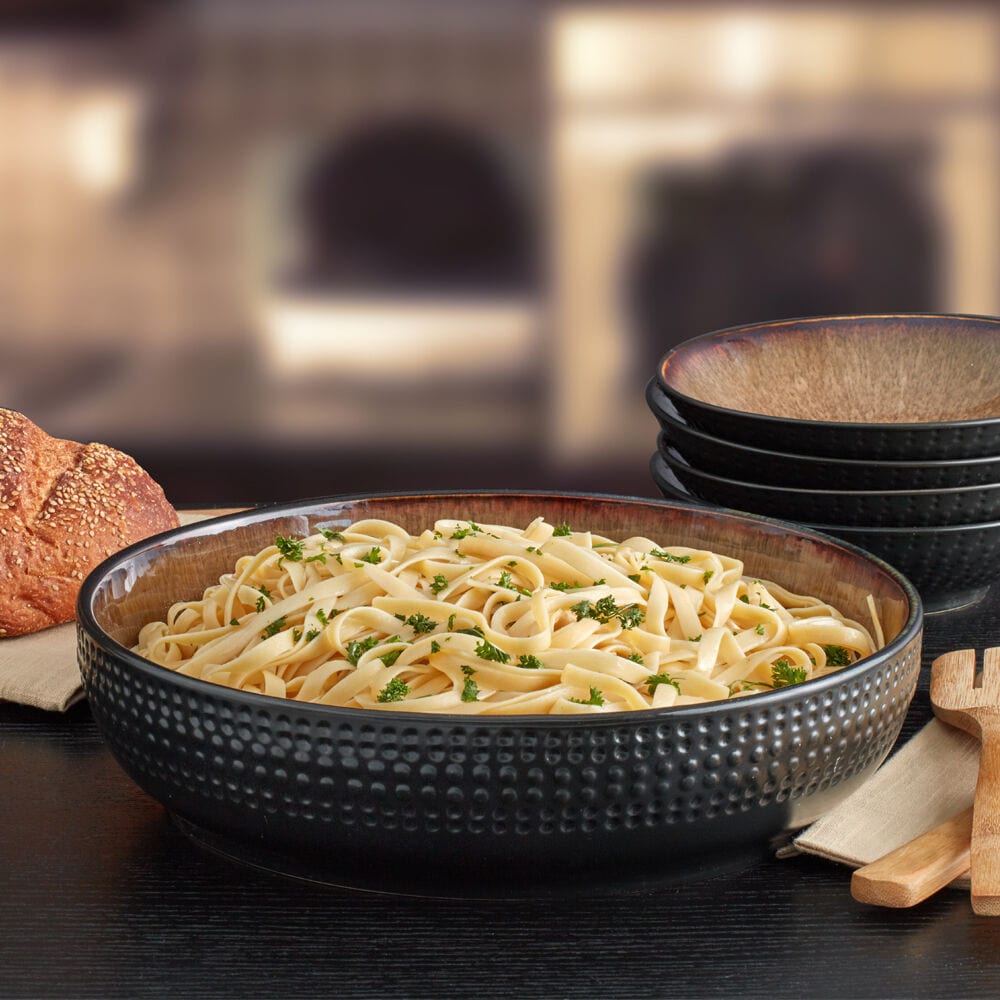 Cambria stoneware pasta bowl from above, highlighting its unique glaze.