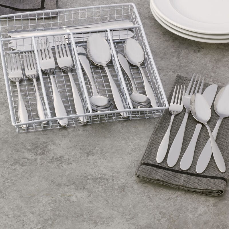 Close-up of Jasmine stainless steel cutlery with teardrop handles for formal dining