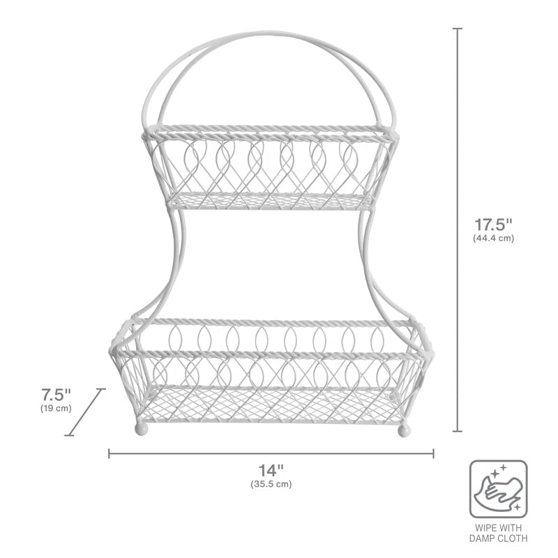 Elegant 2-tier white wrought iron storage basket showcasing its flat-back design against a wall.