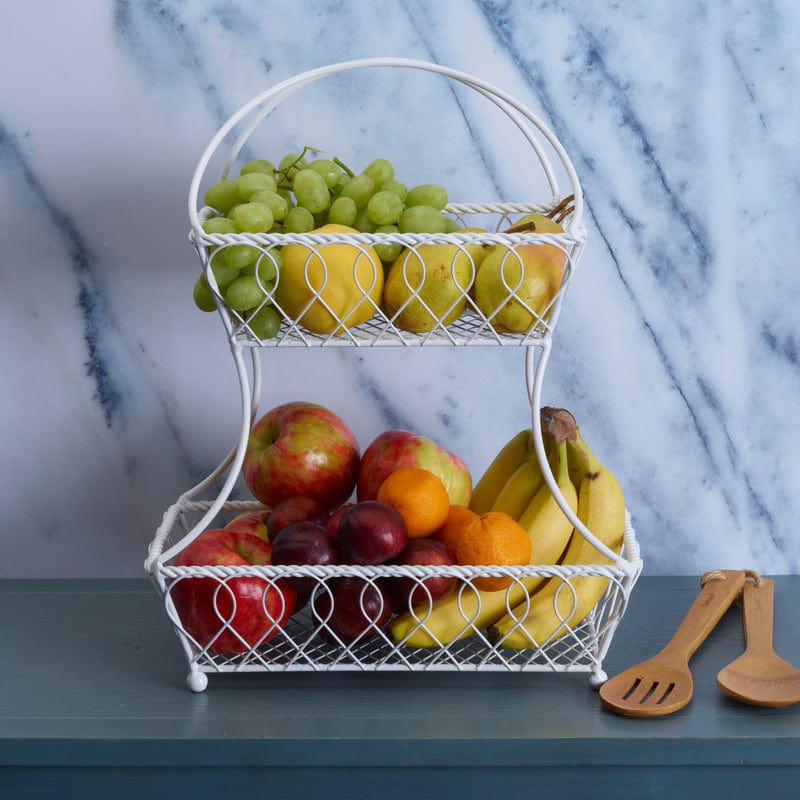 Elegant 2-tier white wrought iron storage basket showcasing its flat-back design against a wall.