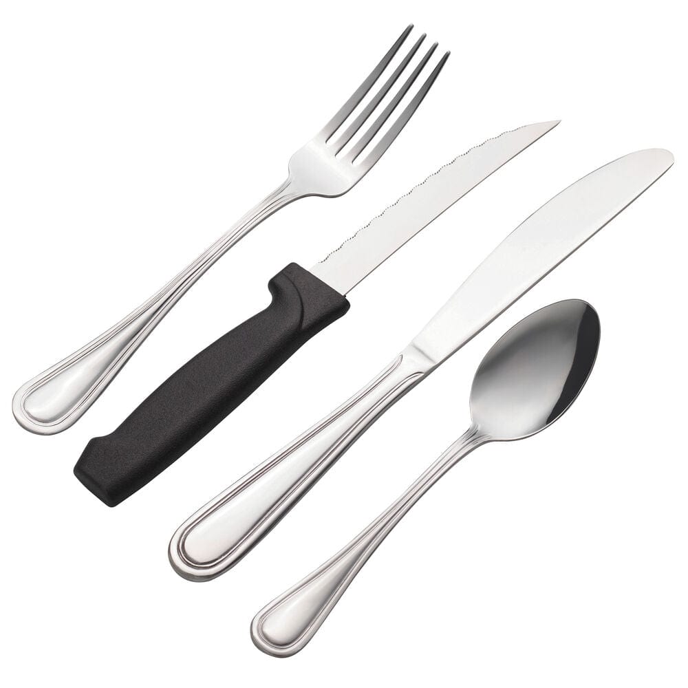 Close-up of Rockport cutlery set showing the teardrop-shaped handles and band design.