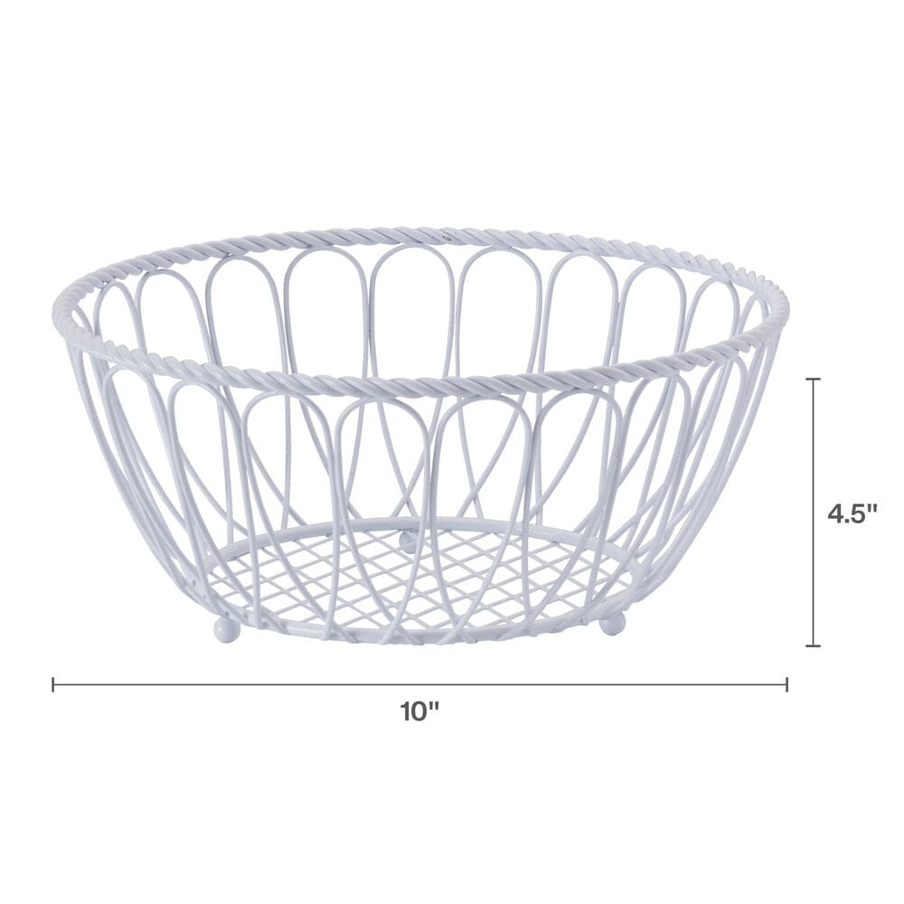 White wrought iron bread and fruit basket in modern kitchen setting