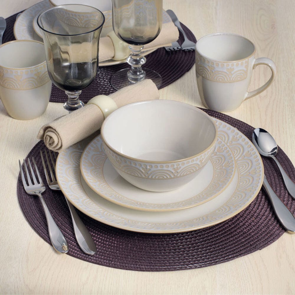 Lifestyle image of the set in use during a cozy dinner with soup and tea mugs