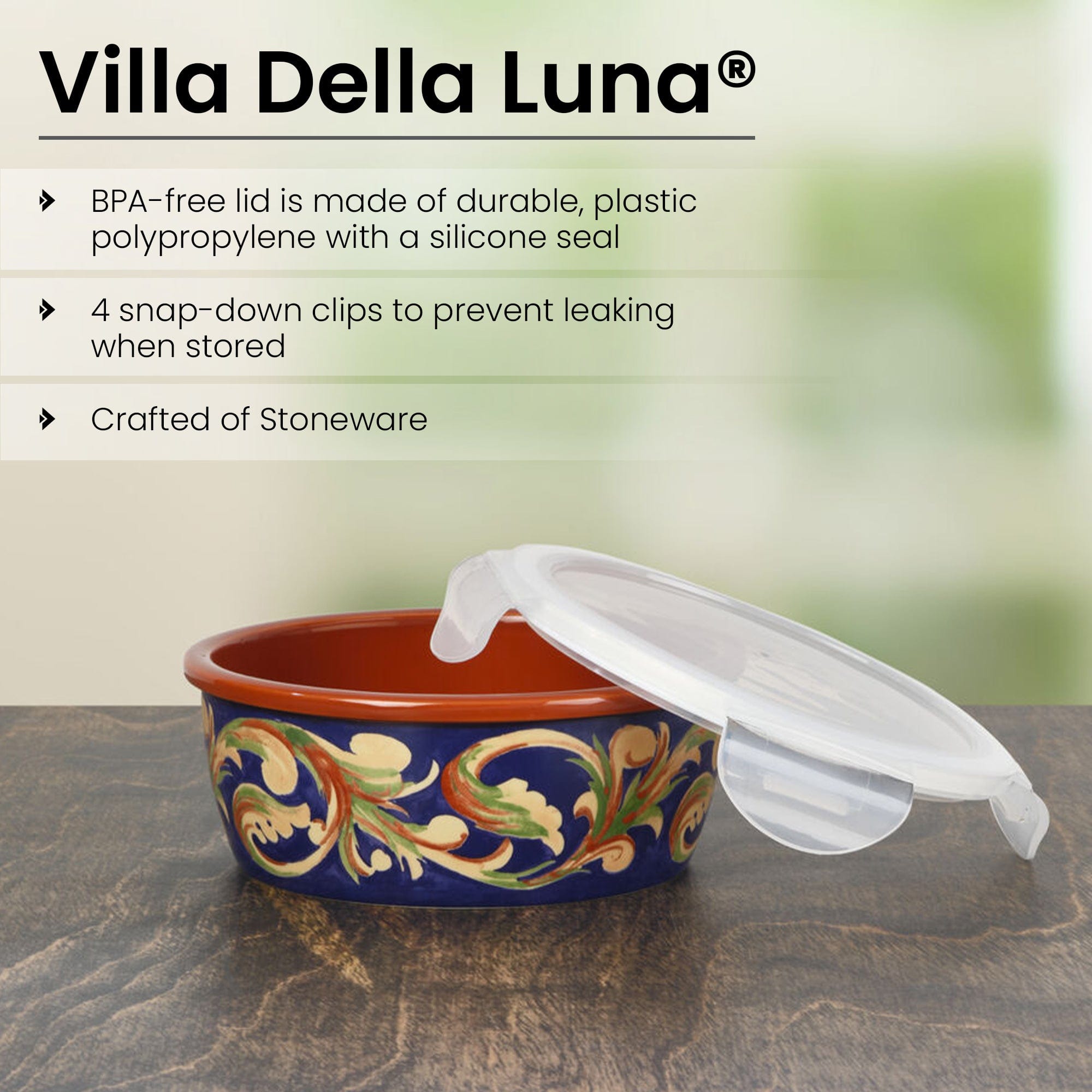 Lunas Kitchen Storage Bowl with Secure Lid, showcasing its four snap clips and silicone seal.