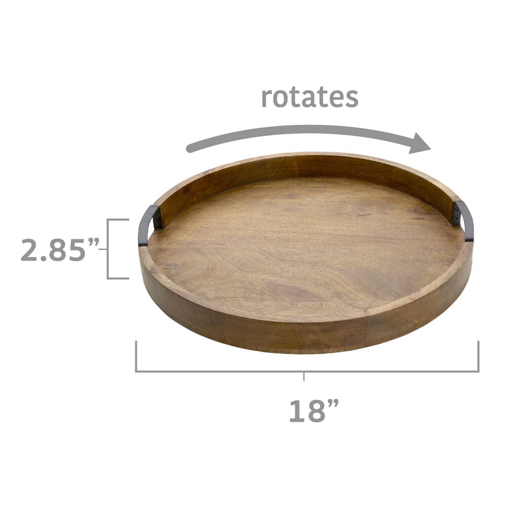Close-up of spinning tray showcasing high wall and natural mango wood finish