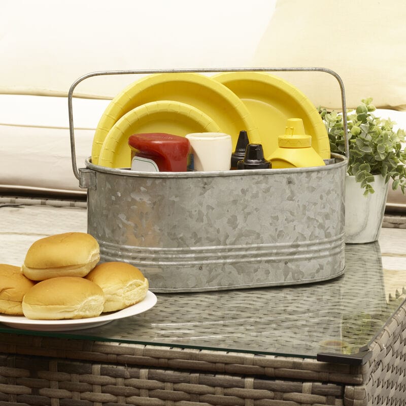 Galvanized flatware caddy with compartments for outdoor dining and parties