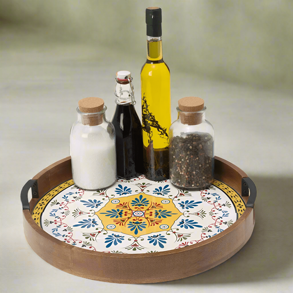 Top view of lazy susan serve tray showing tile mosaic center with appetizers arranged