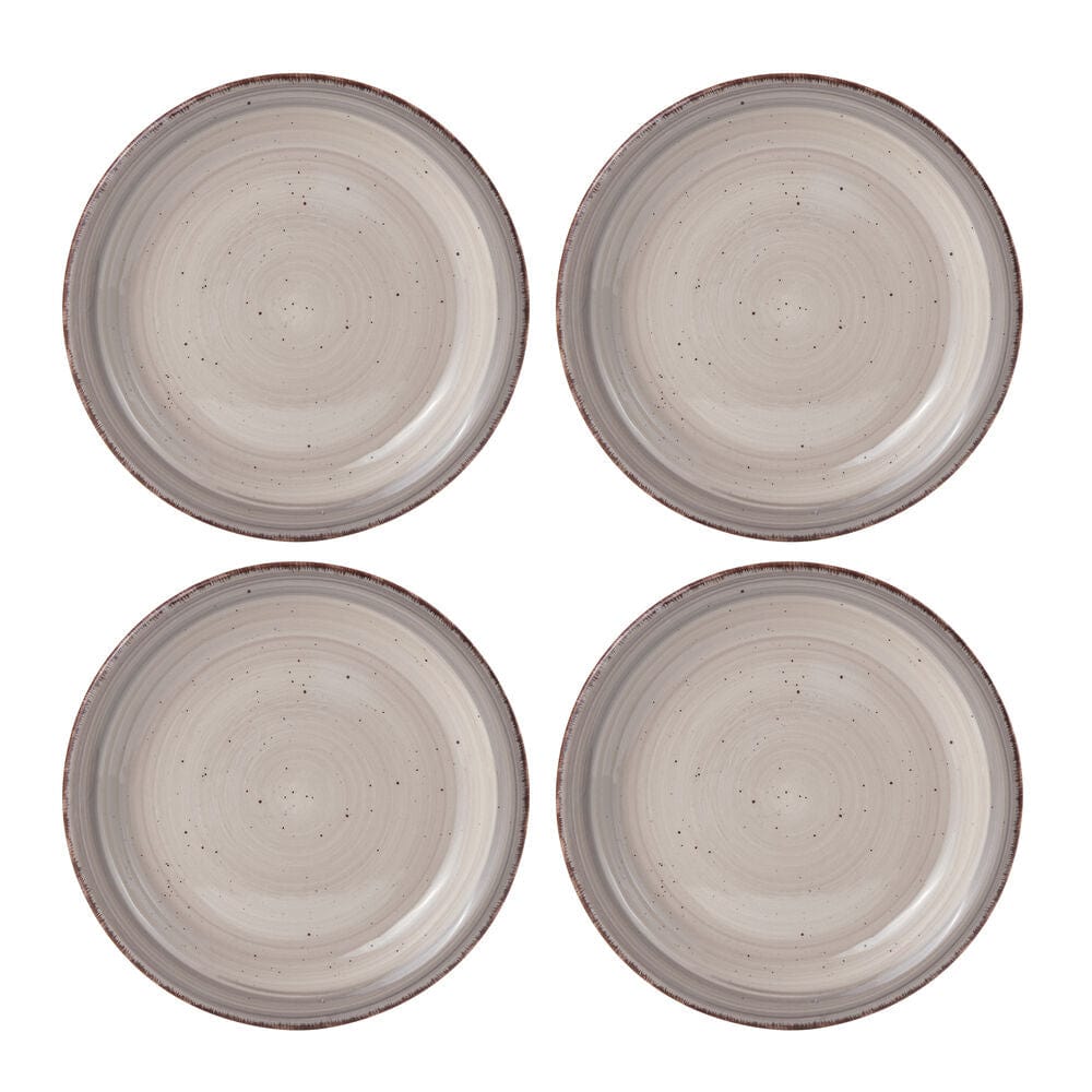 Close-up of Sadie cream dinner plates with a modern, organic shape