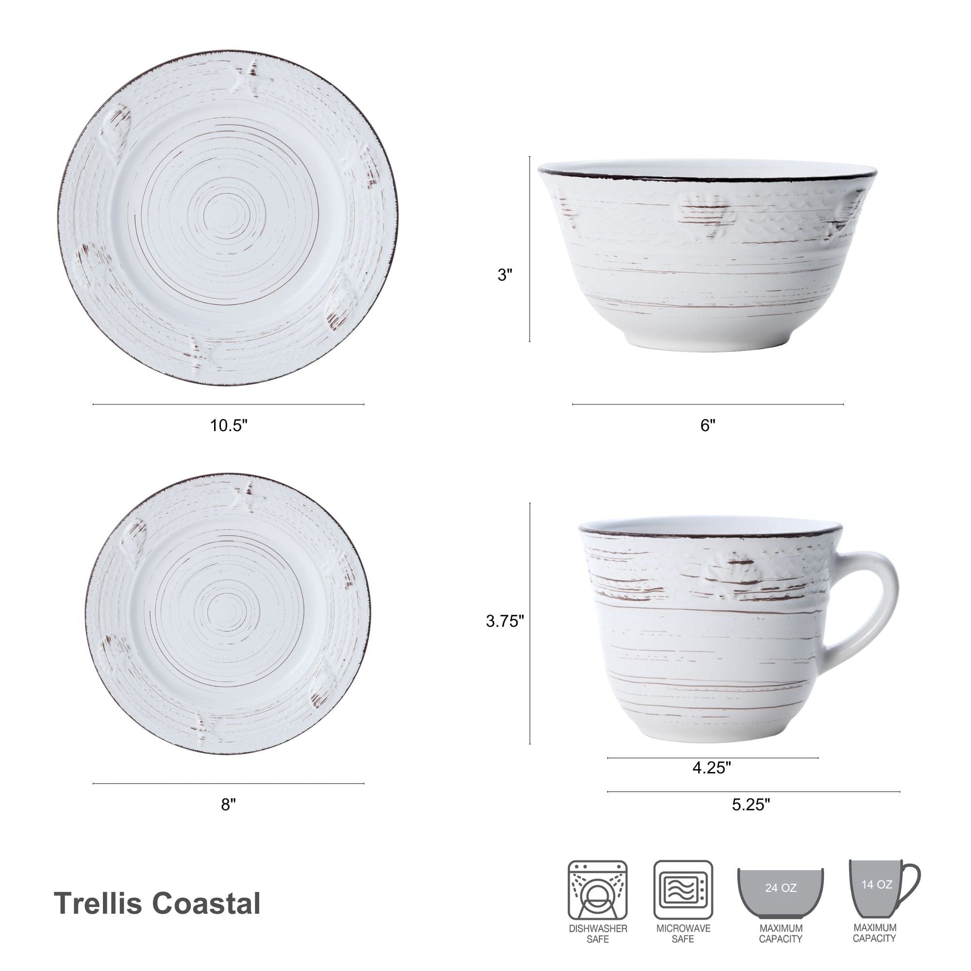 Complete dinnerware set displayed with mugs and plates in an outdoor setting.
