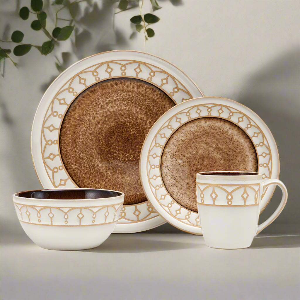 Close-up of the beige speckled stoneware dinner plate with artistic glaze