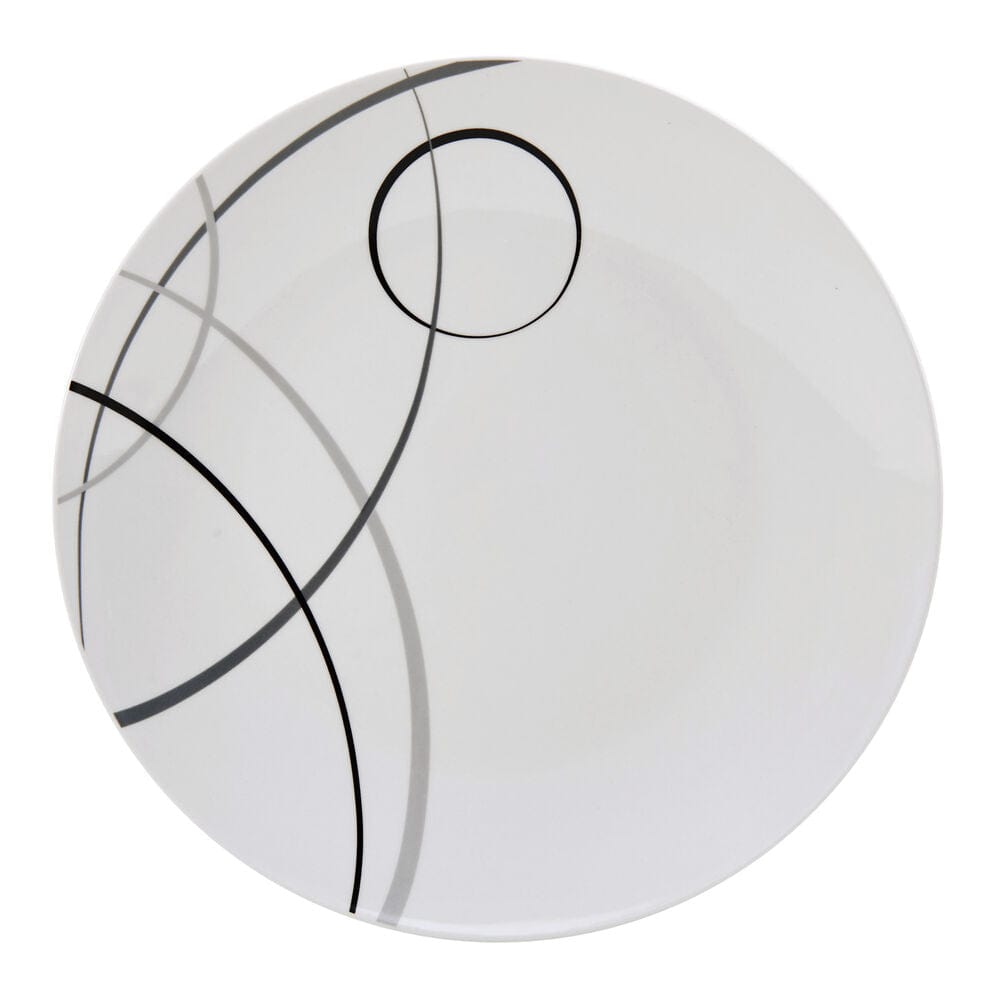 Close-up of porcelain dinner plates with overlapping circles