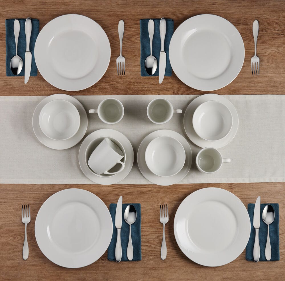 Kendall 16 Piece Dinnerware Set displayed on a dining table, showcasing its elegant design.