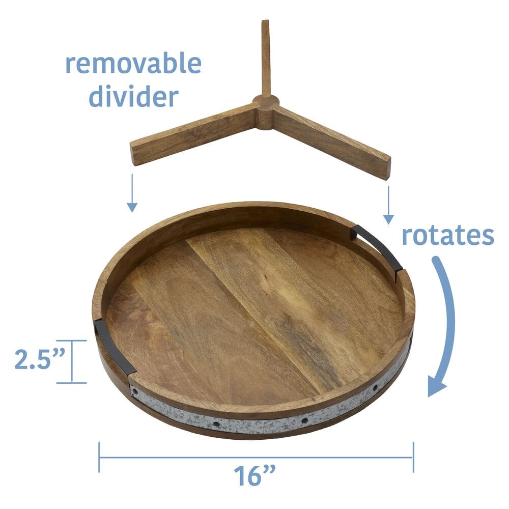 Close-up of galvanized lazy Susan with removable dividers on a dining table