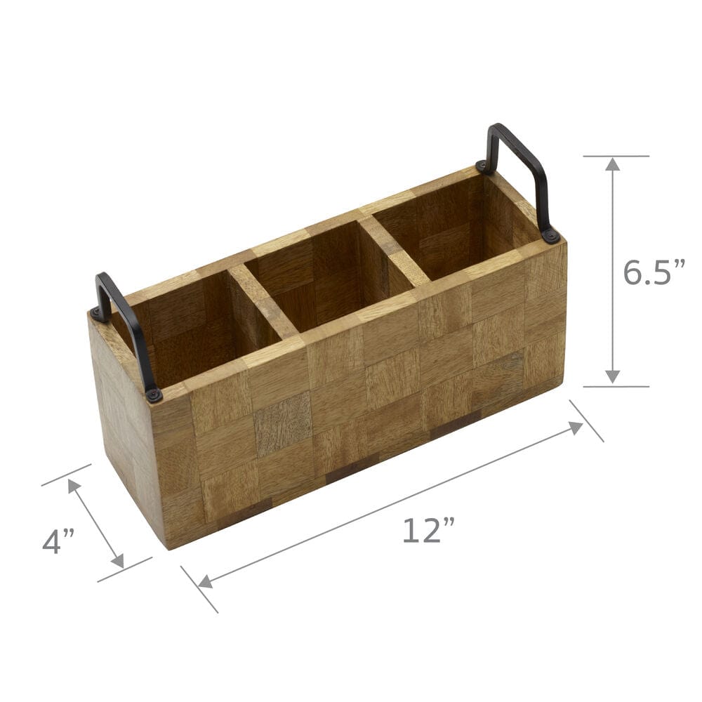 Close-up of the checkered pattern and compartments of the wood utensil organizer
