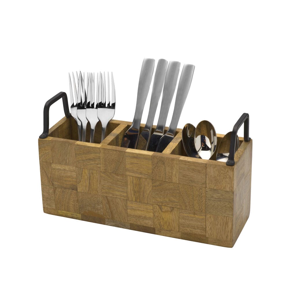 Checkered wooden flatware caddy with compartments on a dining table