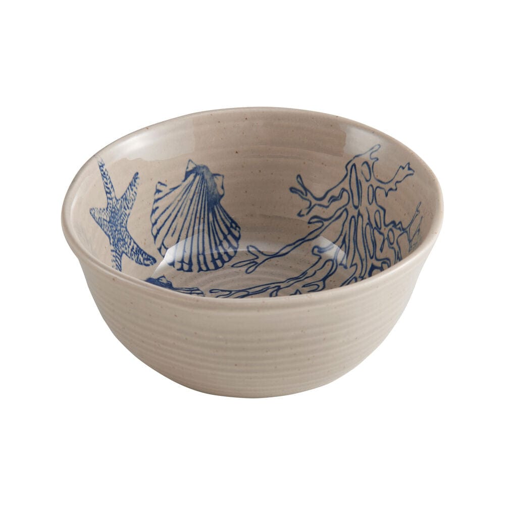 Close-up of rustic stoneware dinnerware set with aquatic pattern, showcasing organic shapes and speckled finish
