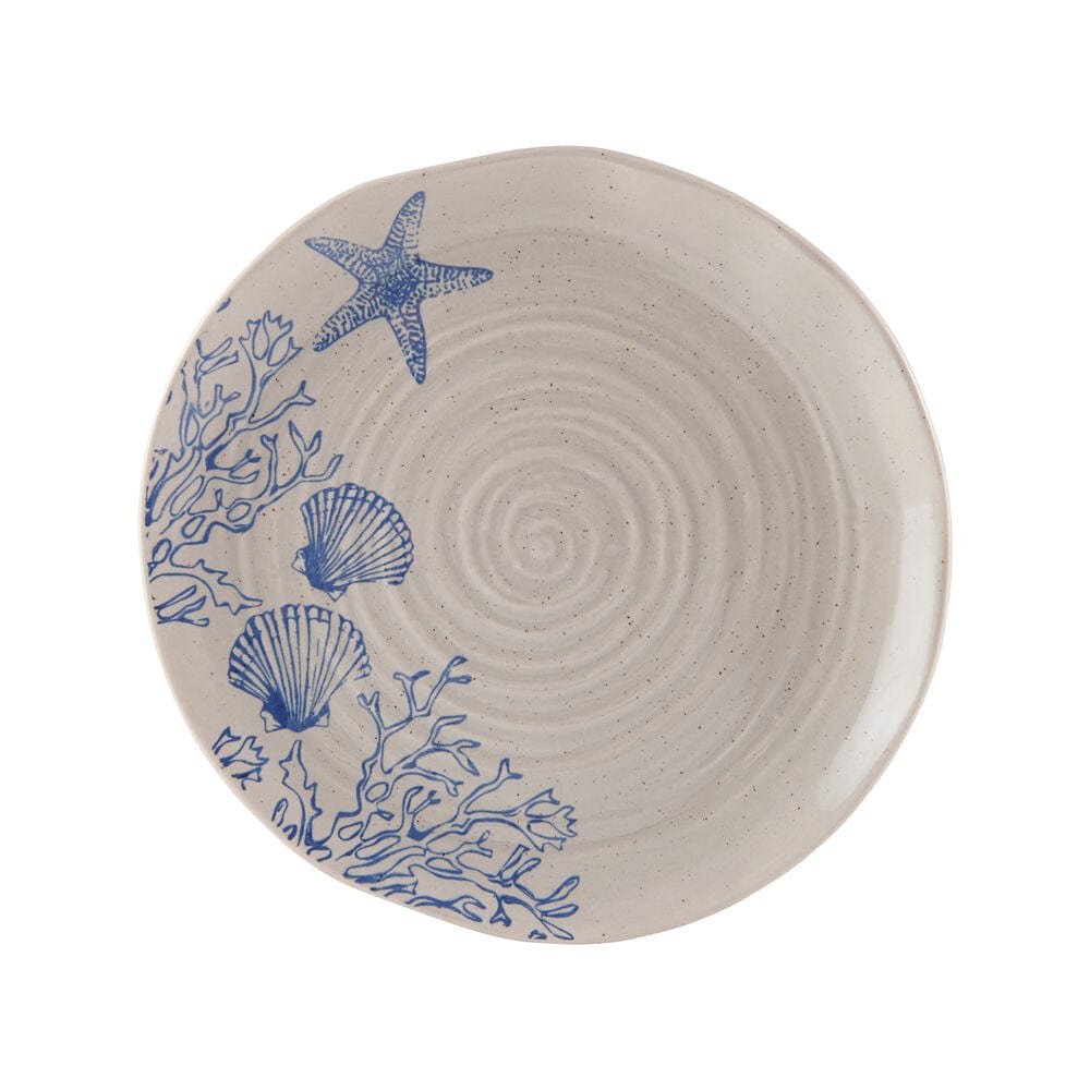 Close-up of rustic stoneware dinnerware set with aquatic pattern, showcasing organic shapes and speckled finish