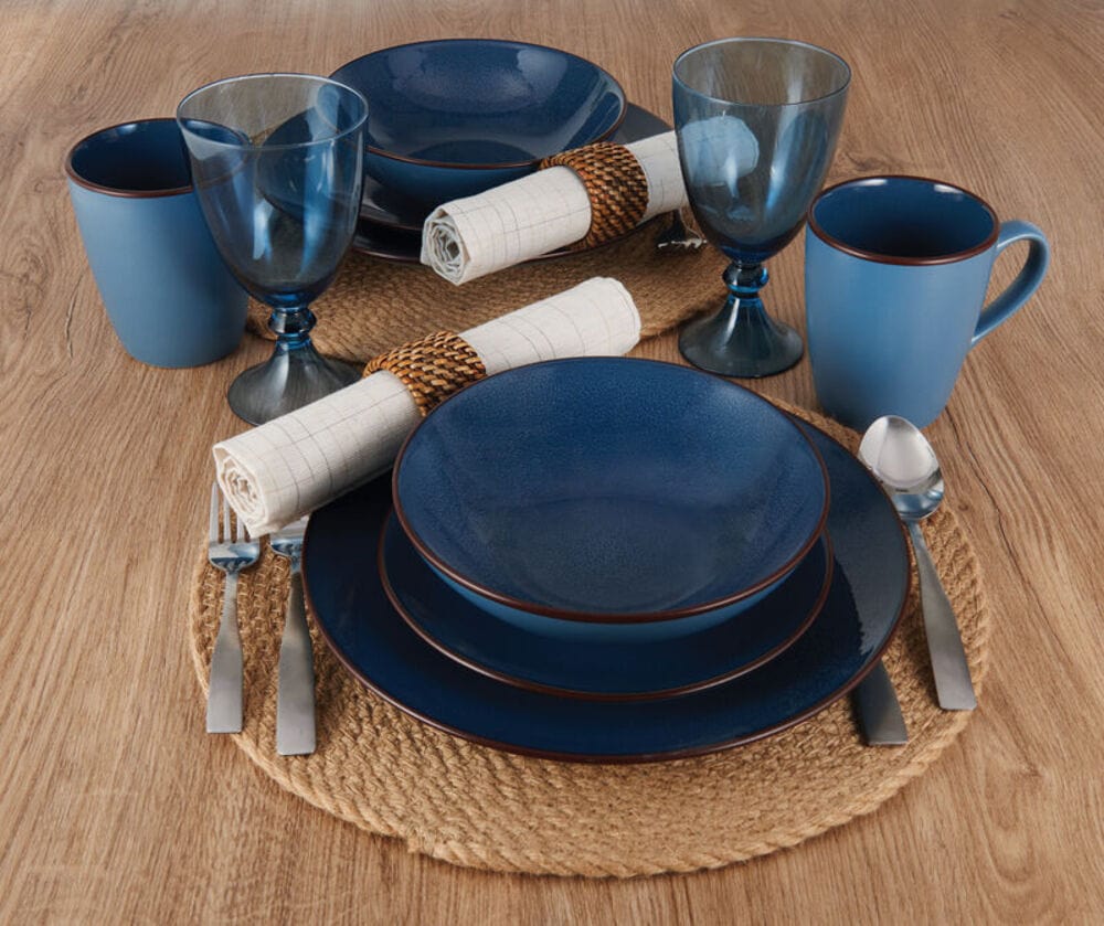 Close-up of reactive glaze finish on blue dinnerware for a unique look