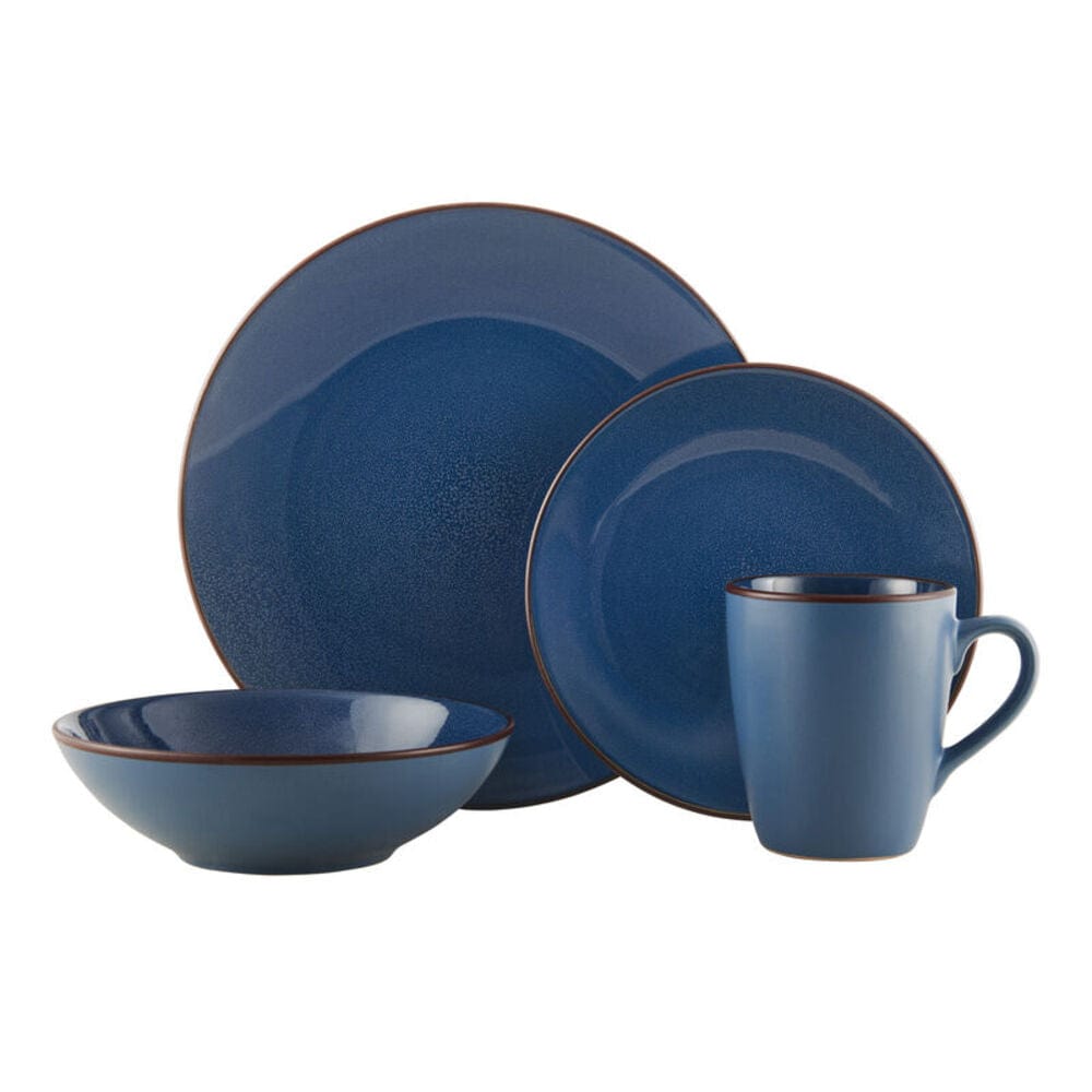 Set of four dinner plates, salad plates, soup bowls, and mugs in blue stoneware