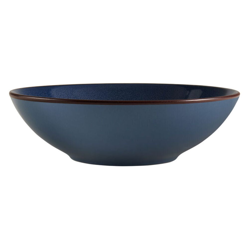 Close-up of reactive glaze finish on blue dinnerware for a unique look