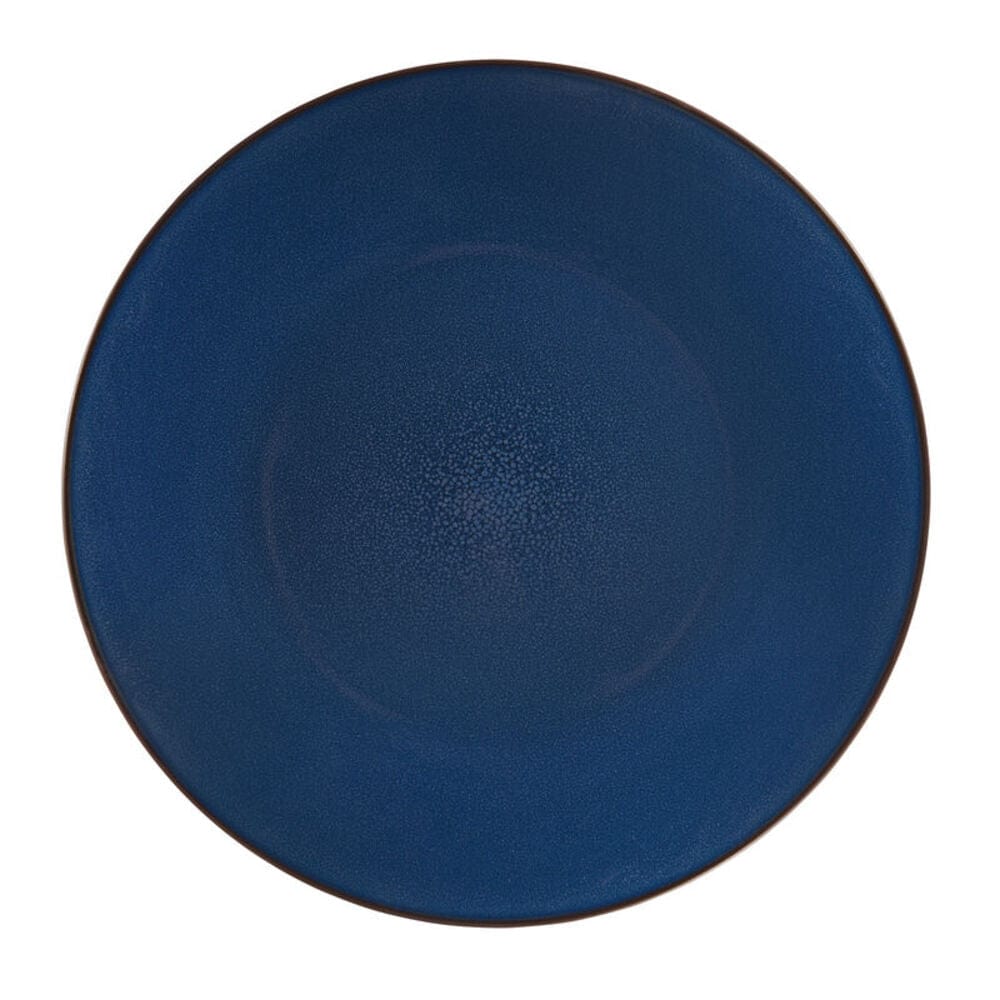 Blue dinner plates with brown rim and speckle design, styled for daily use
