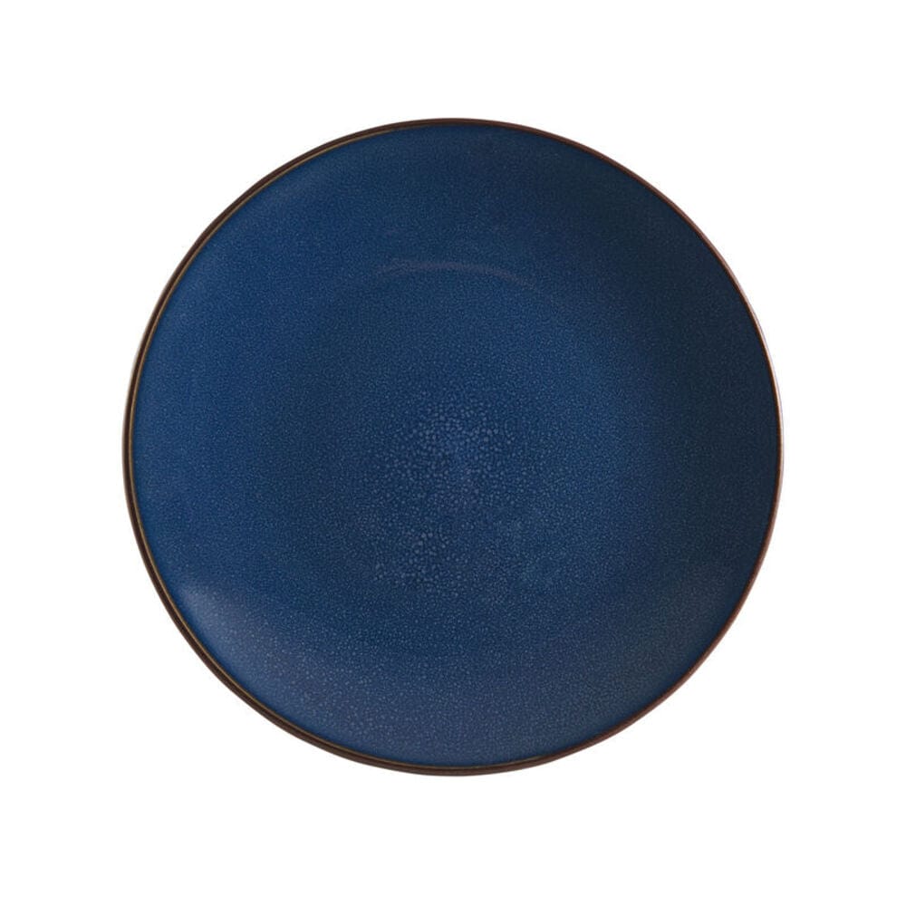 Set of four dinner plates, salad plates, soup bowls, and mugs in blue stoneware