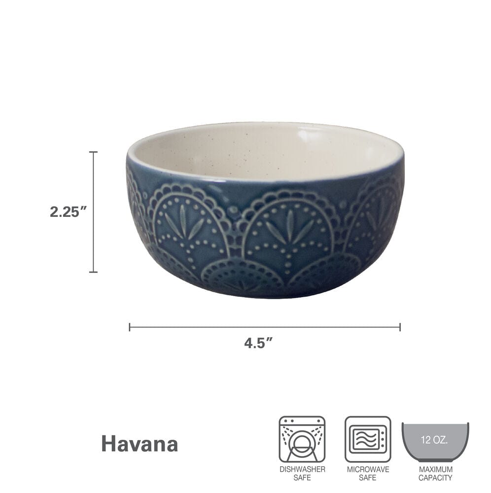 Havana Set of 4 fruit bowls showing unique embossed patterns and blue glaze from a top angle.
